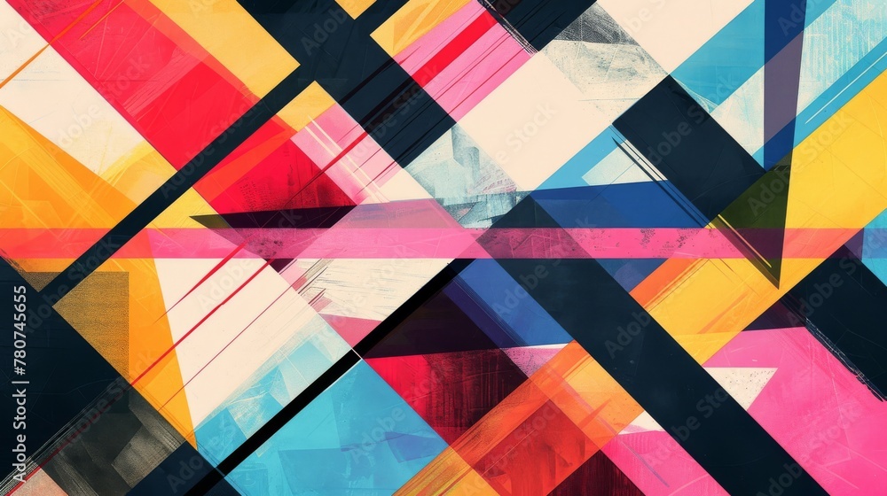 Poster abstract geometric painting with a dynamic composition of overlapping multicolored triangles and str