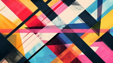 Abstract geometric painting with a dynamic composition of overlapping multicolored triangles and stripes
