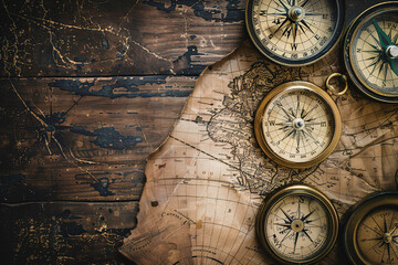 A vintage map of the world with an old-fashioned compass placed on top