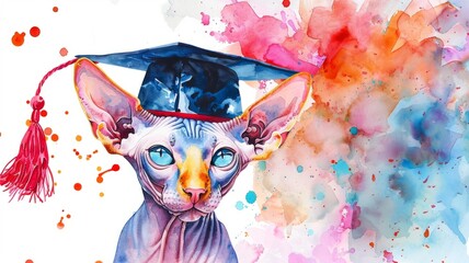 Graduating sphynx cat against watercolor - Detailed sphynx cat in a graduation hat placed over a background of colorful watercolor splashes - obrazy, fototapety, plakaty