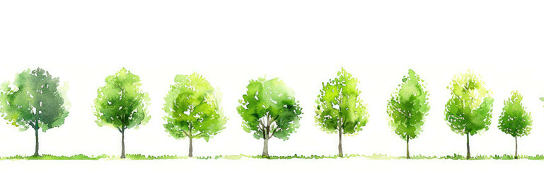 Obraz premium Seamless Watercolor Border Featuring a Tree Line of Diverse Sizes and Species in Lush Green Tones
