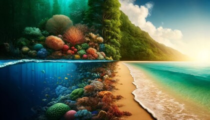 Tropical Beach with Underwater Coral Wonderland - obrazy, fototapety, plakaty