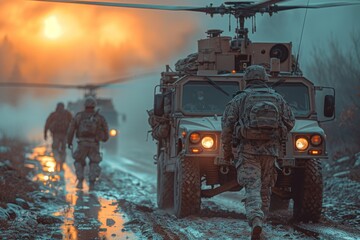 Soldiers in uniform march toward an armored vehicle i - obrazy, fototapety, plakaty