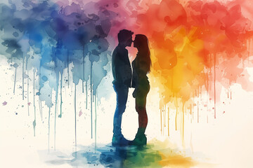 Silhouette of couple kissing with watercolor background