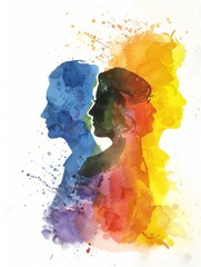 Expressive Faces with Watercolor Splashes - Two faces in profile with contrasting watercolor splashes signify the complexity and depth of human emotions - obrazy, fototapety, plakaty