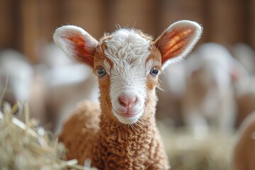 A close-up image of an endearing baby goat with curly fur looking directly at the camera with a soft-focus barn background