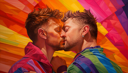 Painting of two gay men kissing with colourful background. Celebrating Pride Month