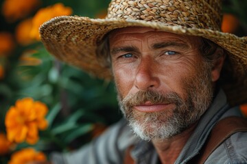 An elderly individual resting with a straw hat, surrounded by vibrant orange flowers, exuding tranquility