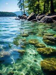 A view of a lake with rocks and trees in the background