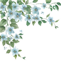 Assorted blue flowers with green leaves on a transparent background