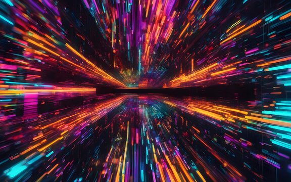 Digital glitch art, vibrant pixels scattering in neon colors, abstract technological error pattern