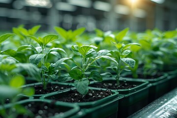 Close-up of young basil seedlings in plastic pots inside a greenhouse, focusing on the industry of plant cultivation