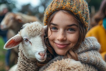 A girl with captivating eyes shares a close, serene moment with a sheep, capturing affection and tenderness - obrazy, fototapety, plakaty