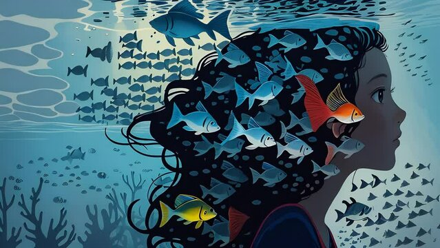 An animated girl immersed in a tranquil underwater scene, her gaze meeting with a vibrant school of fish, symbolizing a connection between humans and marine life.