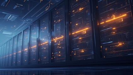 A row of dark blue and black server cabinets with orange lights in the middle, against a blurred background of data center equipment. - obrazy, fototapety, plakaty