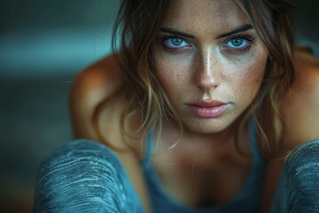A striking close-up of a blue-eyed woman staring intensely at the camera