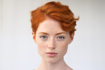 Naklejka premium Studio portrait of beautiful young ginger woman with short hair style on studio colour background