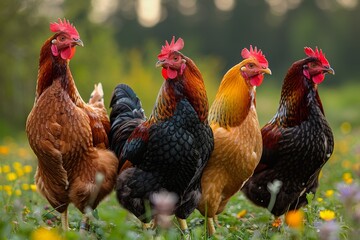 Fototapeta premium A proud rooster stands among hens in a meadow, showcasing the dynamics of a flock in nature with vibrant feather colors
