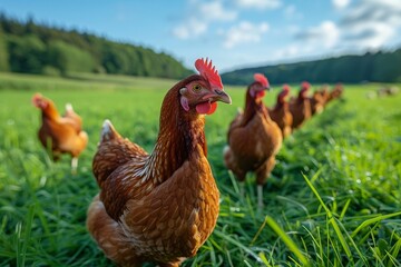 A dynamic image of free-range chickens grazing in a lush pasture, showcasing sustainable farming