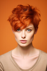 Studio portrait of beautiful young ginger woman with short hair style on studio colour background