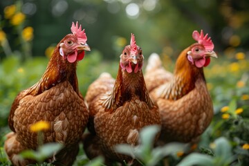 Fototapeta premium A charming group of hens blending in with the soft yellow hues of a blooming garden in gentle focus