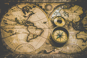 Fototapeta na wymiar A vintage map of the world with an old-fashioned compass placed on top