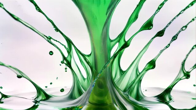 Dynamic splash of green liquid frozen in time, showcasing an abstract and artistic expression in high detail.