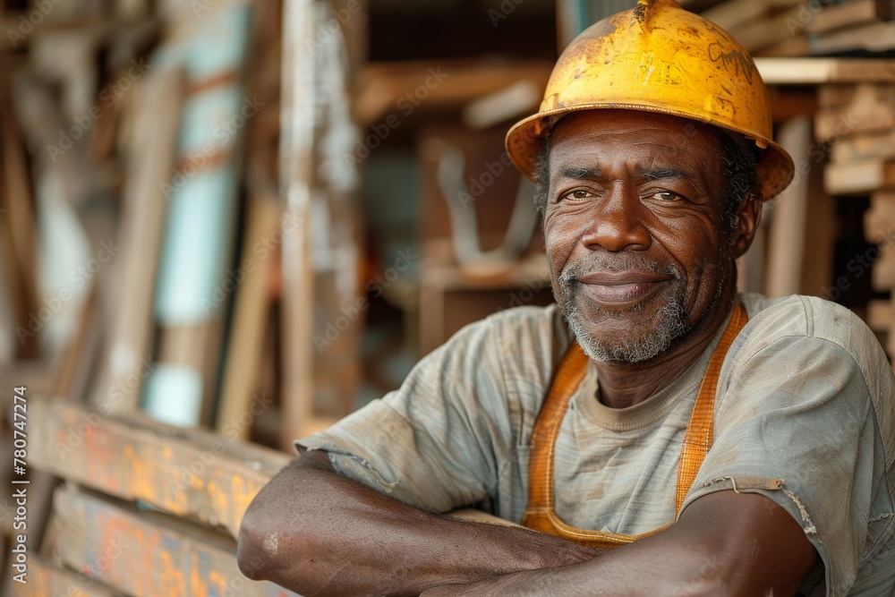 Poster an elderly construction worker in a hard hat smiling confidently with scaffolding in the background