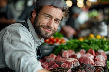 Charismatic butcher wearing a hat smiles at the camera with an array of quality meat products in the background