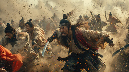 Capture the intensity and artistry of climactic battle choreography in action and fantasy films Show dynamic close-up shots that highlight the impact and emotion of each movement - obrazy, fototapety, plakaty