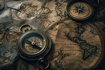 A vintage map of the world with an old-fashioned compass placed on top - obrazy, fototapety, plakaty