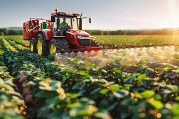 A tractor on the field waters the plants with pesticides. With each pass, the tractor showers the plants with a vital shield, ensuring their growth.
