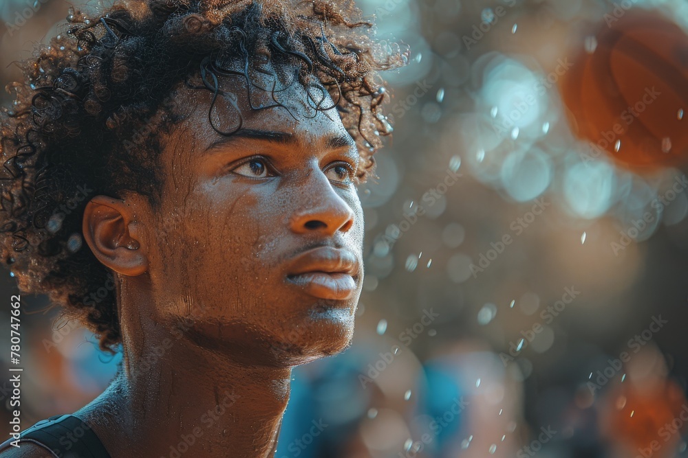 Wall mural close-up of an athlete's face glistening with sweat, showcasing determination and focus post-game