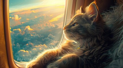 A contemplative tabby cat peers out of an airplane window, mesmerized by the golden sunset clouds. - obrazy, fototapety, plakaty