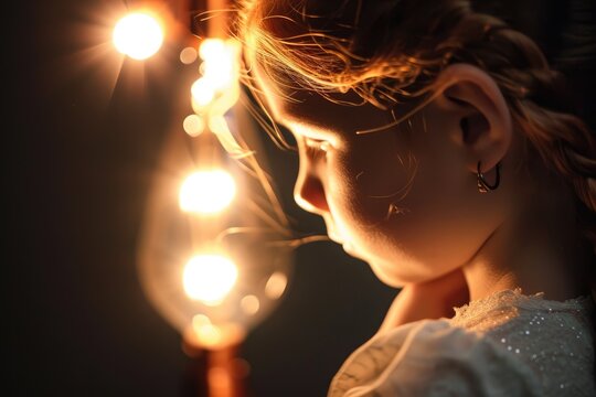 A moment of epiphany is shown as a bright lightbulb illuminating a young girl's face, AI-generated