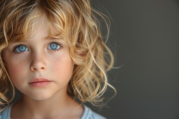 Close-up portrait of a girl with bright blue eyes and light curly hair