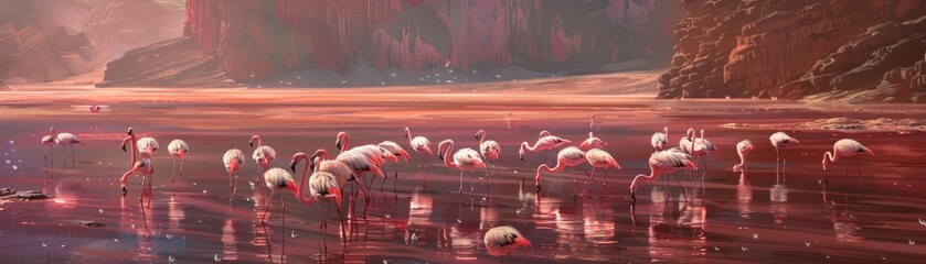 A flock of flamingos standing in a Martian water reservoir their pink feathers stark against the red soil