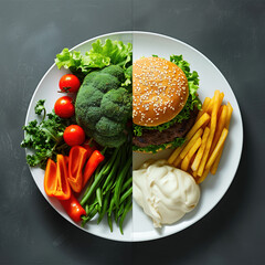 Healthy food alternatives. Split-screen photo of a healthy vegetables on the left side of the plate and fatty harmful hamburger and french fries on the right side of the plate. Lifestyle concept