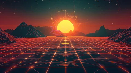 Fotobehang A retro synthwave background with neon grid lines and geometric shapes, including mountains with gridlines in the distance. The sun is setting behind them. Beautiful 80’s background design. © Dirk