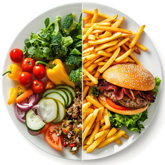 Healthy food alternatives. Split-screen photo of a healthy vegetables on the left side of the plate...