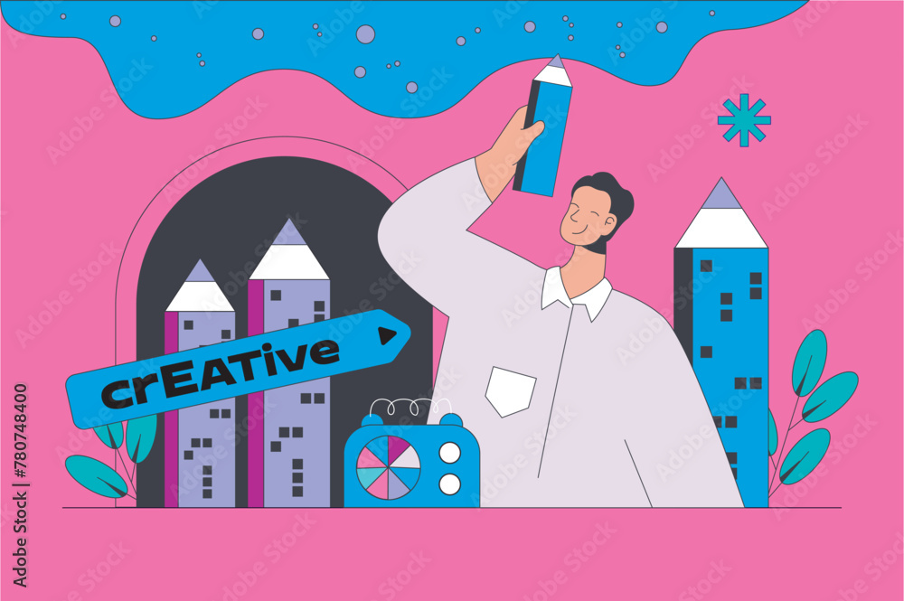 Poster creative process concept in modern flat design for web. man thinking and generating new ideas, findi