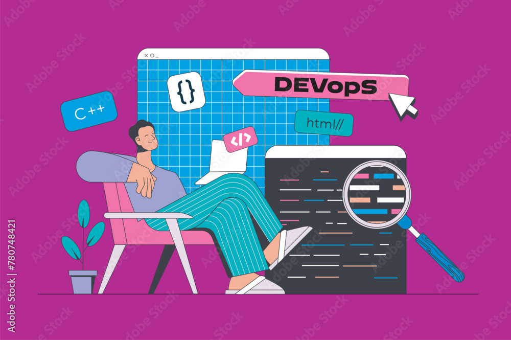 Fototapete Development concept in modern flat design for web. Developer programming software, monitoring DevOps, engineers project communication. Vector illustration for social media banner, marketing material.