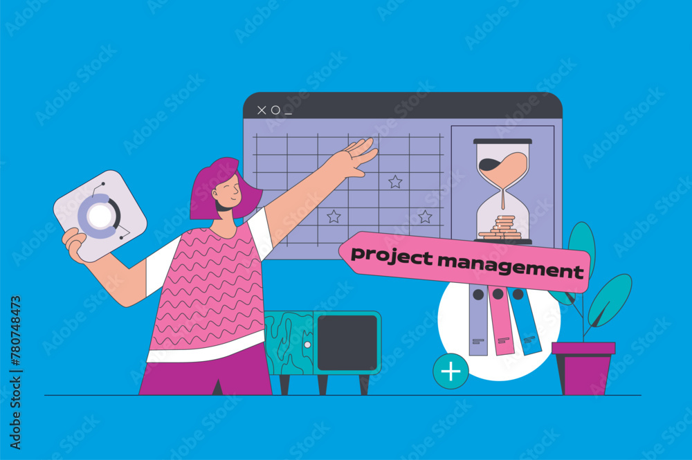 Aufkleber project management concept in modern flat design for web. woman organizing workflow processes and ag