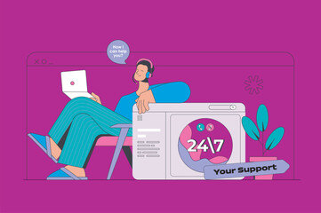 Online support concept in modern flat design for web. Operator answering clients calling, chatting and solving technical problems. Vector illustration for social media banner, marketing material.