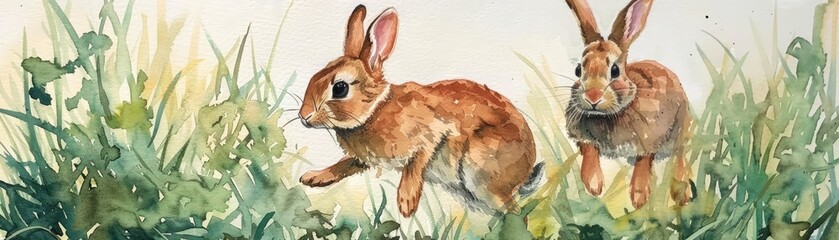 A pair of watercolor painted rabbits hopping through a field of green grass