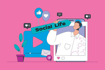 Social media concept in modern flat design for web. Man making new post with selfie photo, collecting likes and followers comments. Vector illustration for social media banner, marketing material.