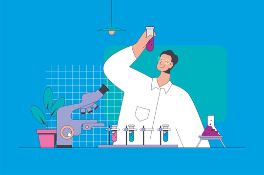 Science laboratory concept in modern flat design for web. Scientist making researches and experiment at lab flask, works at microscope. Vector illustration for social media banner, marketing material.