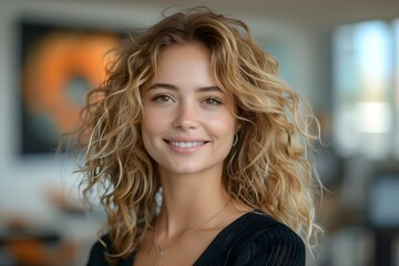 Smiling young woman with curly blond hair in an office environment. Concept Business Portraits, Smiling Woman, Curly Hair, Office Setting - obrazy, fototapety, plakaty