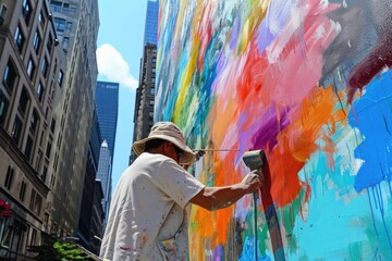 A painter paint wall, A painter working on a large mural in the middle of a city, AI generated