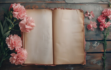 Pink carnations laying next to an open vintage notebook with copy space. Mother's day concept.